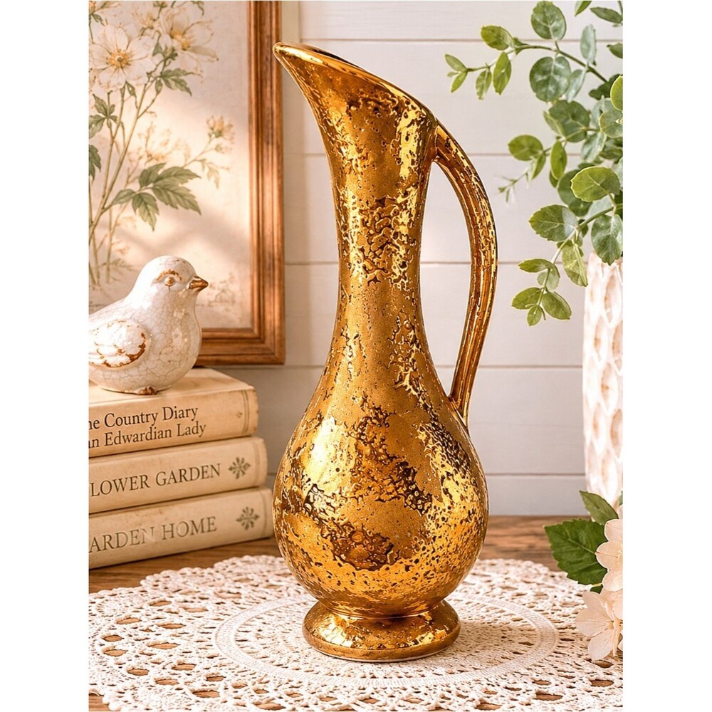 Vintage Kingwood Ceramics 22KT Gold Pitcher Vase Mid Century Modern Pottery USA